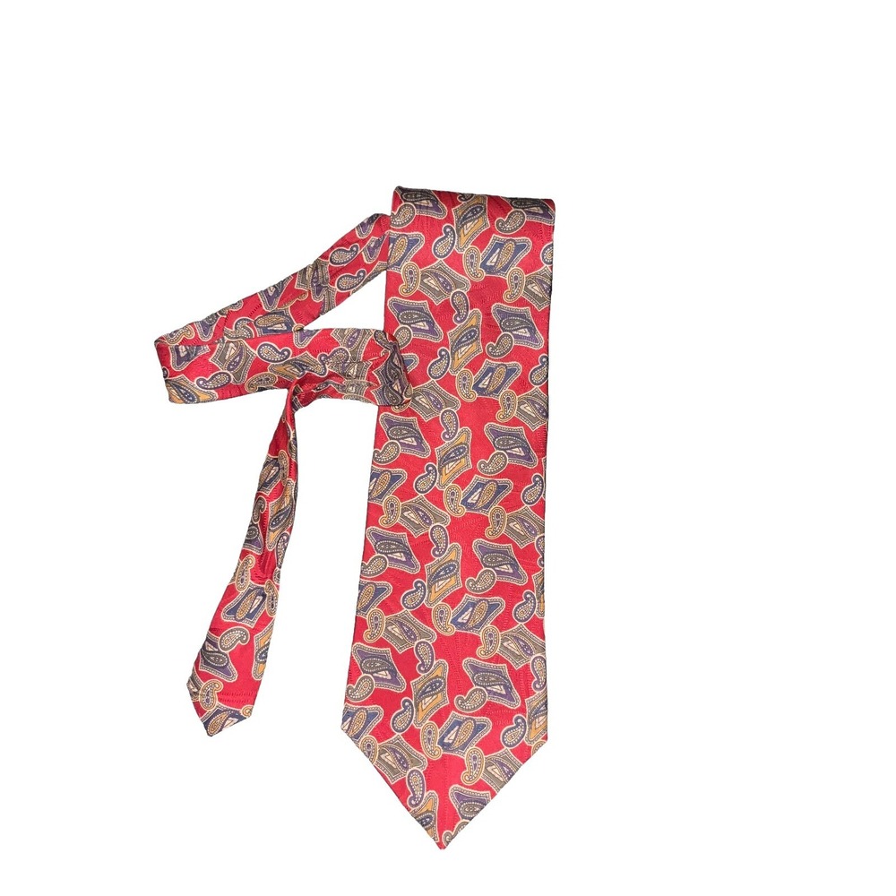 Paul Frederick 100% Italian Silk Tie Red Paisley 4" Wide 56.5" Long Made In USA